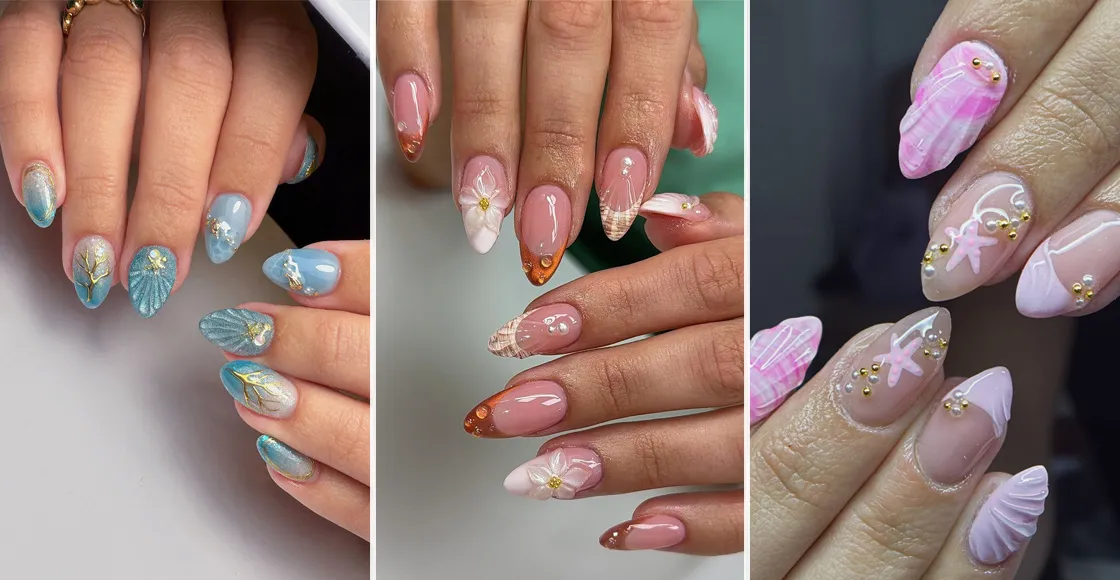Pink and white 3D ocean nails with seashells, starfish, and gold beach details