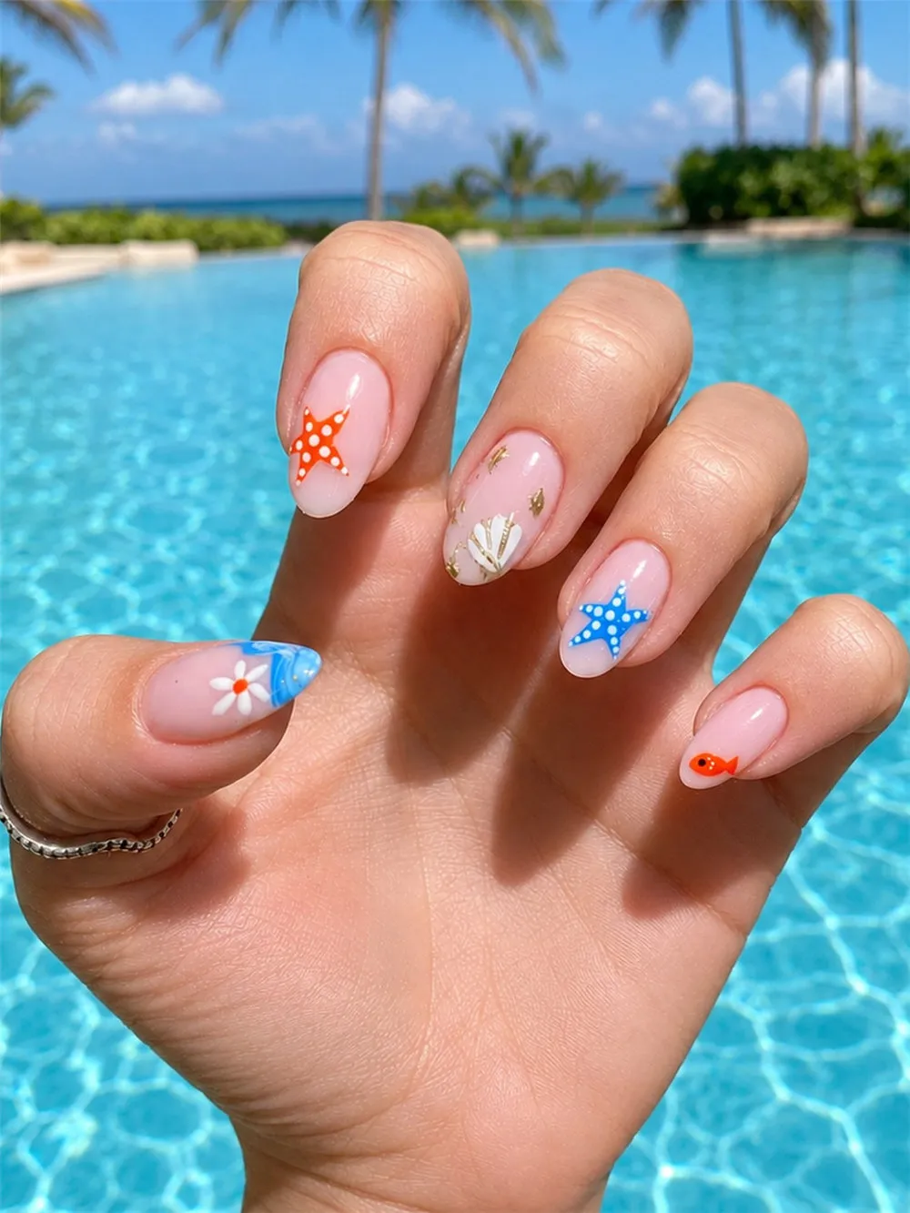 Colorful short summer nails with orange and blue starfish, shell, fish, and poolside details