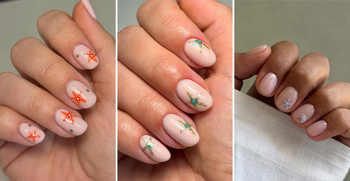 Cute starfish nails for summer with orange, turquoise, and silver beach accents