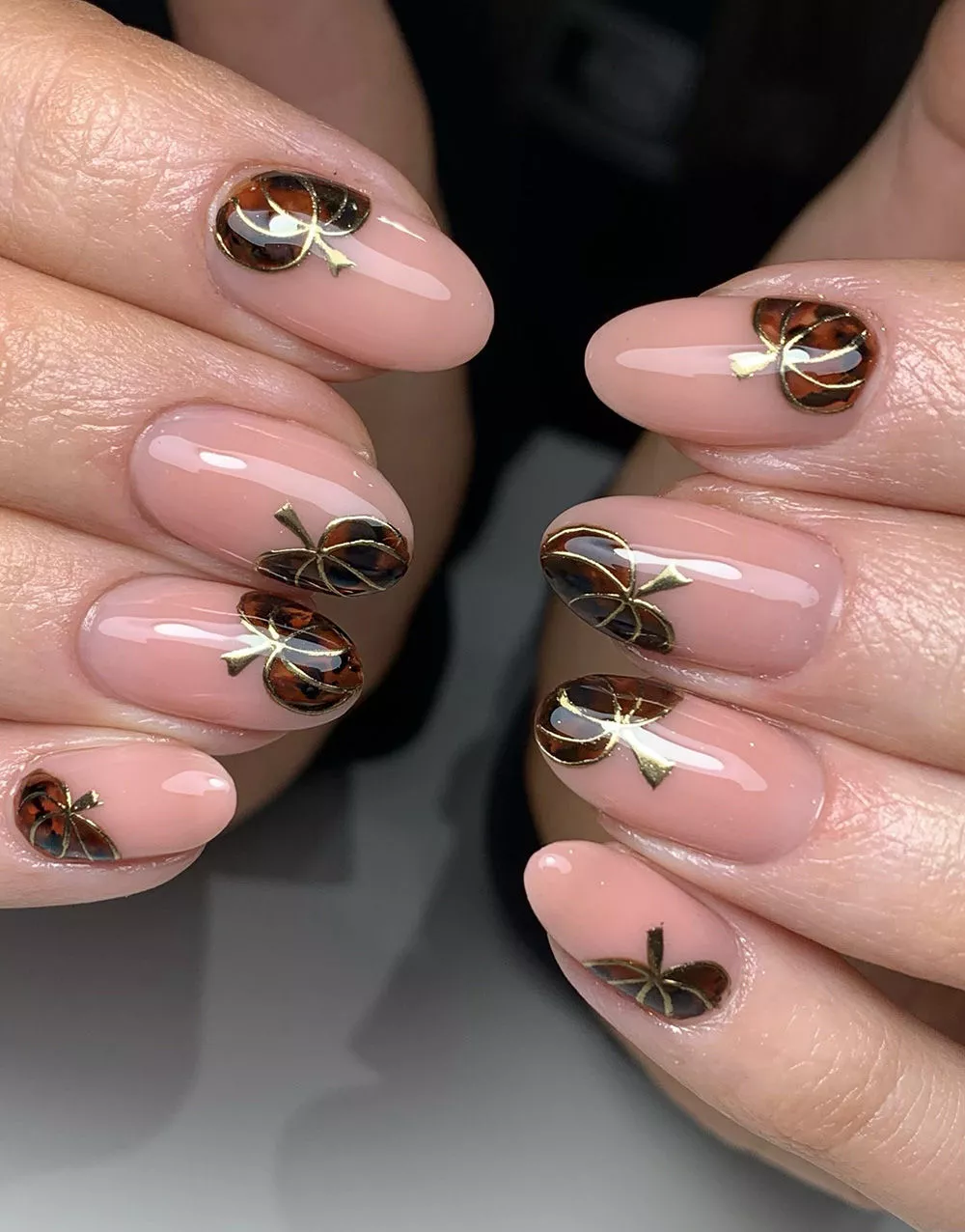 Gold Chrome Tortie and Pumpkins Nail Art