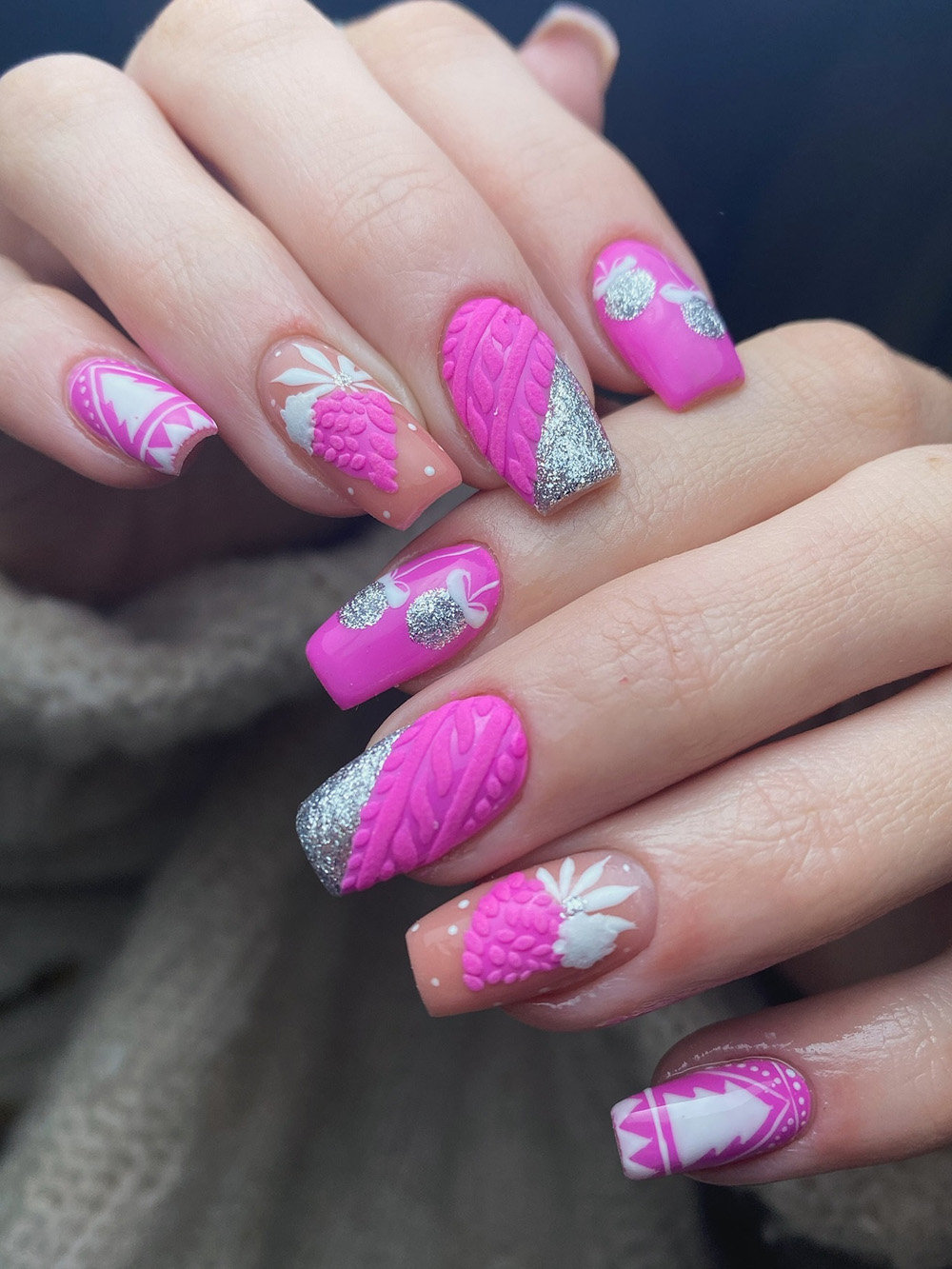 Pink and Chrome Silver Christmas Nails