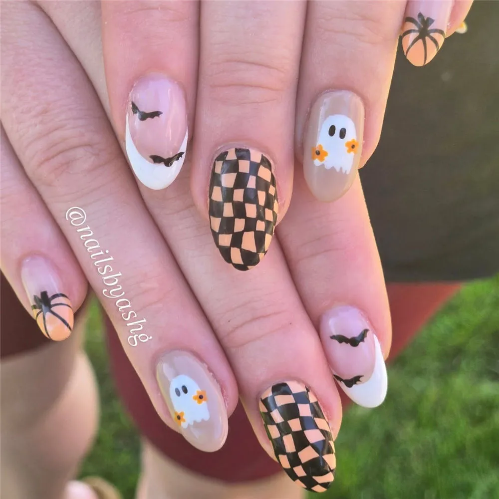 Cute Checkered and Ghost Nail Designs